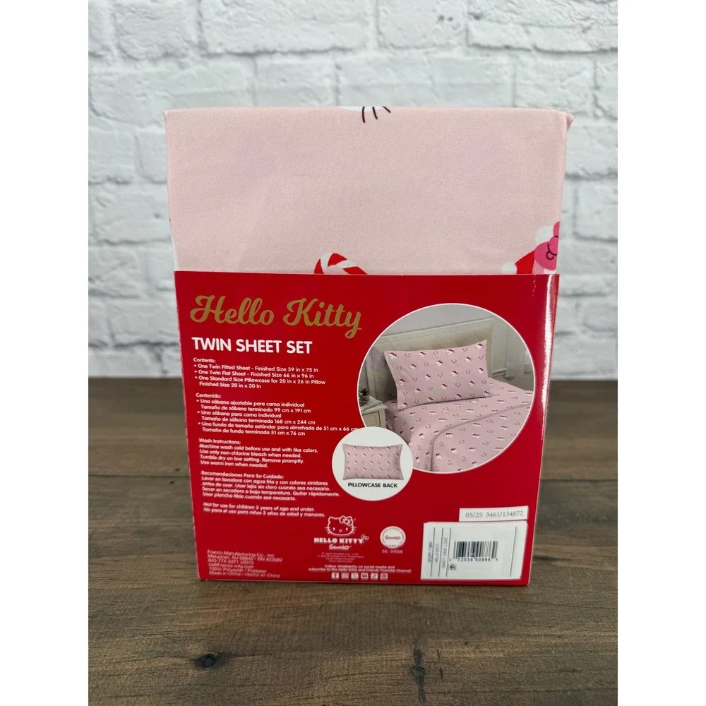 Hello Kitty Christmas Twin Sheet Set Pink Candy Cane Love 3 Piece Sanrio Bedding